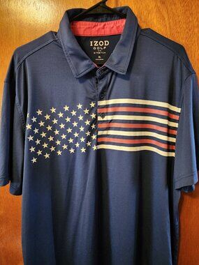 Men's XL IZOD Golf Stretch Blue American Flag Short Sleeve Polo Shirt